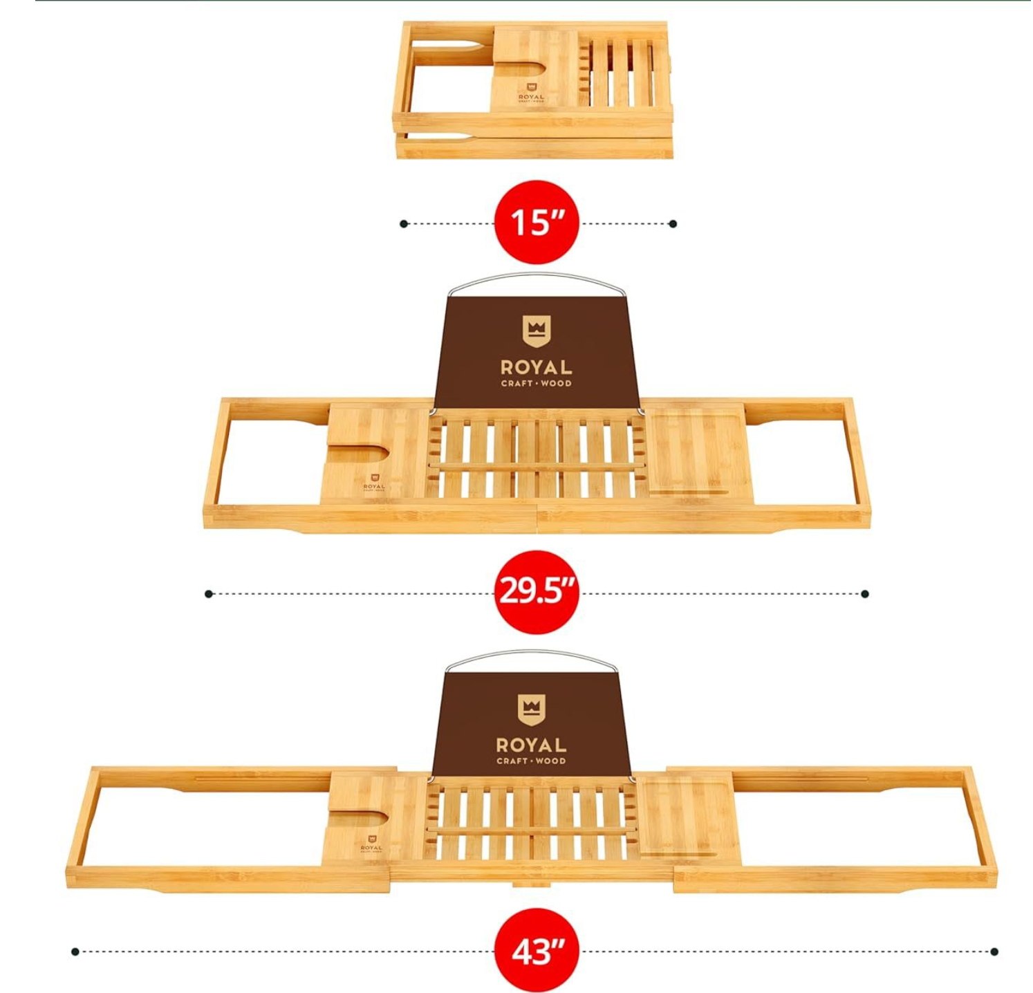 Bamboo bath caddy with silicone non-slip grips on the underside of the extending arms