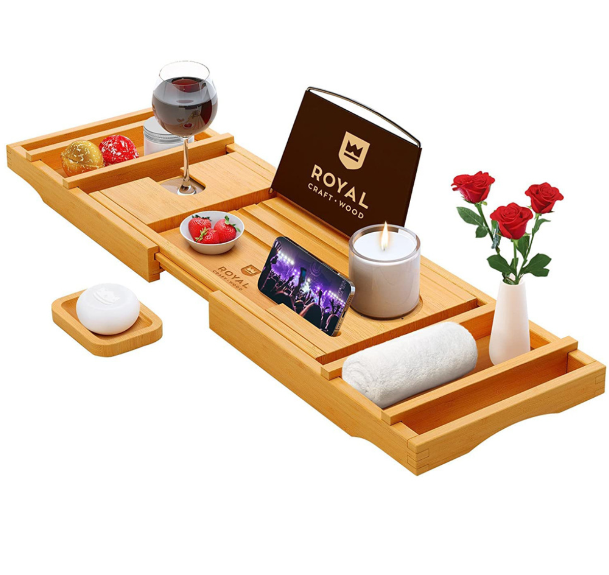 Bath caddy with integrated soap dispenser and adjustable wine glass slot